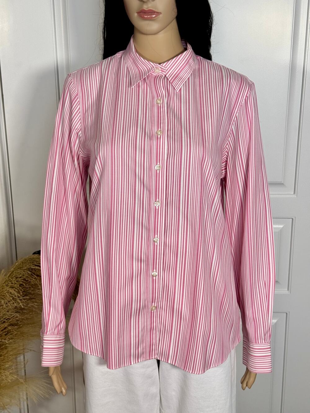 LANDS' END PINK AND WHITE STRIPE BUTTON UP SHIRT SIZE 10